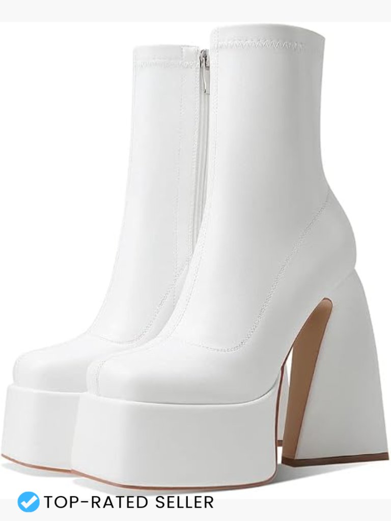 Platform Boots Mid Calf Chunky High Heel Square Toe Side Zipper Ankle Booties